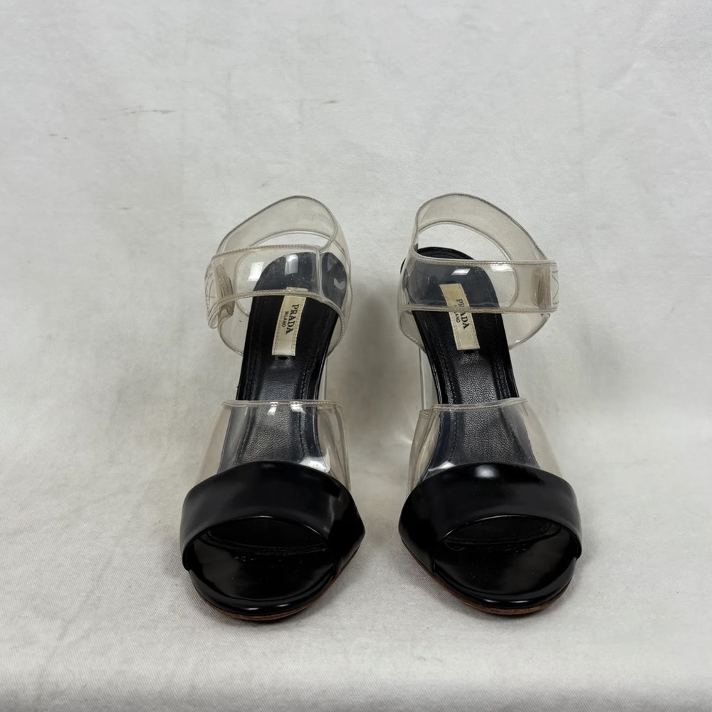PRADA Lucite PVC Clear Black Block Heel Velcro Ankle Strap SS 2010 Runway 37.5 - Picture 9 of 14